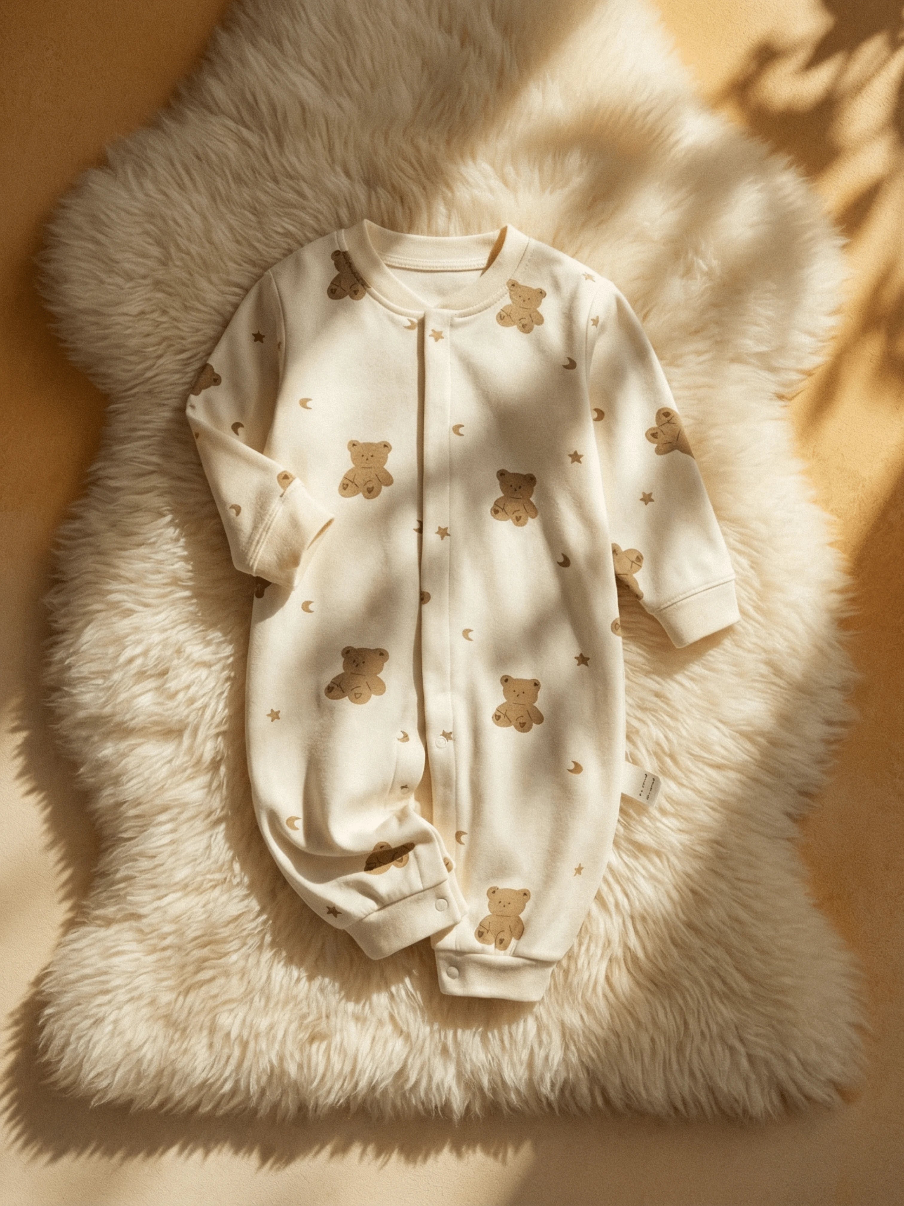 Soft Ecru & Dreamy Patterns | One-Piece Pajamas with Bears & Stars in Soft Cotton