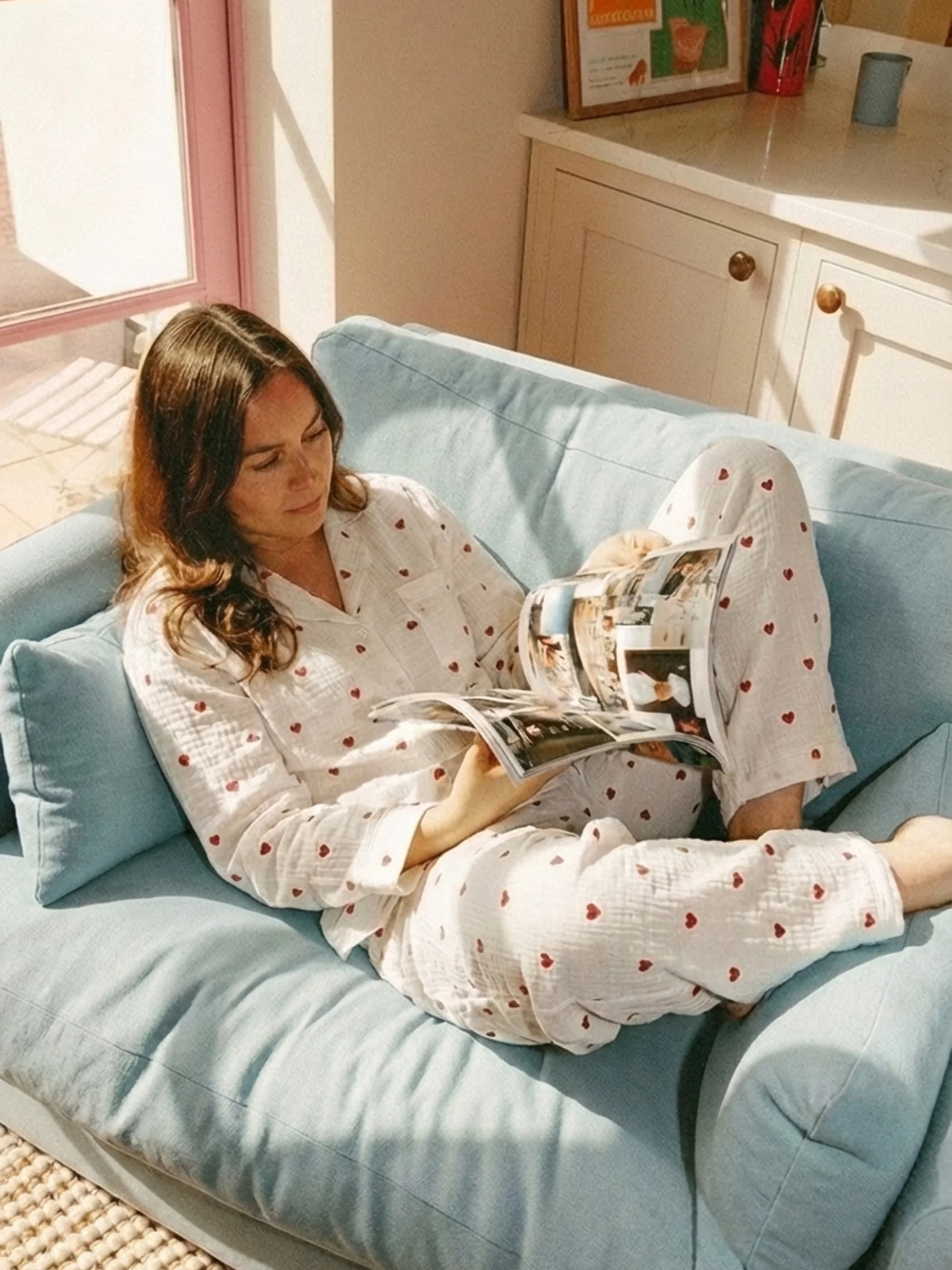 Pijama cu Inimioare Roșii - 100% Bumbac, Ușoară și Respirabilă