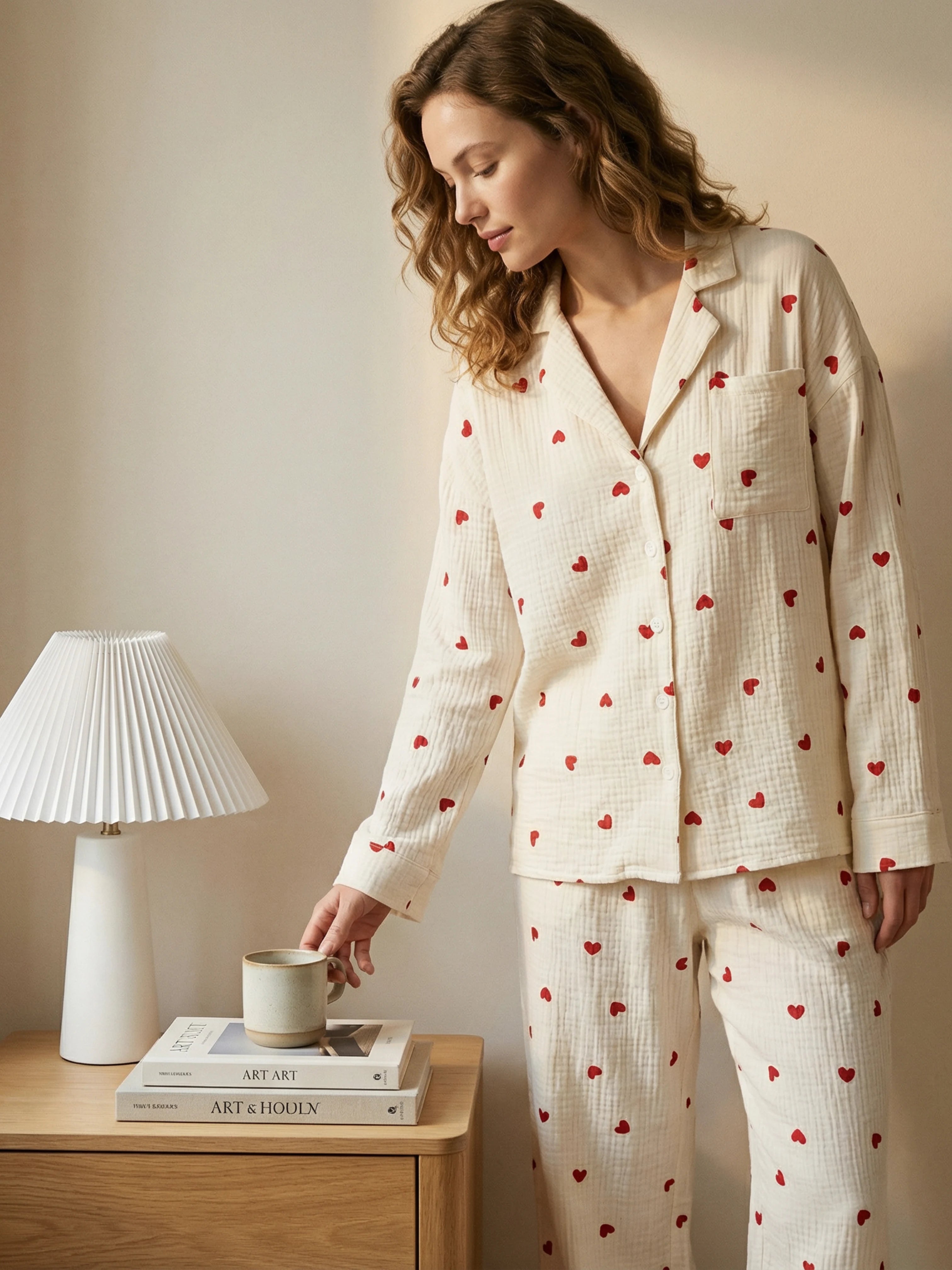 Soft & Delicate | Romantic Detail | Women's Pajamas in Cotton Gauze with Red Hearts
