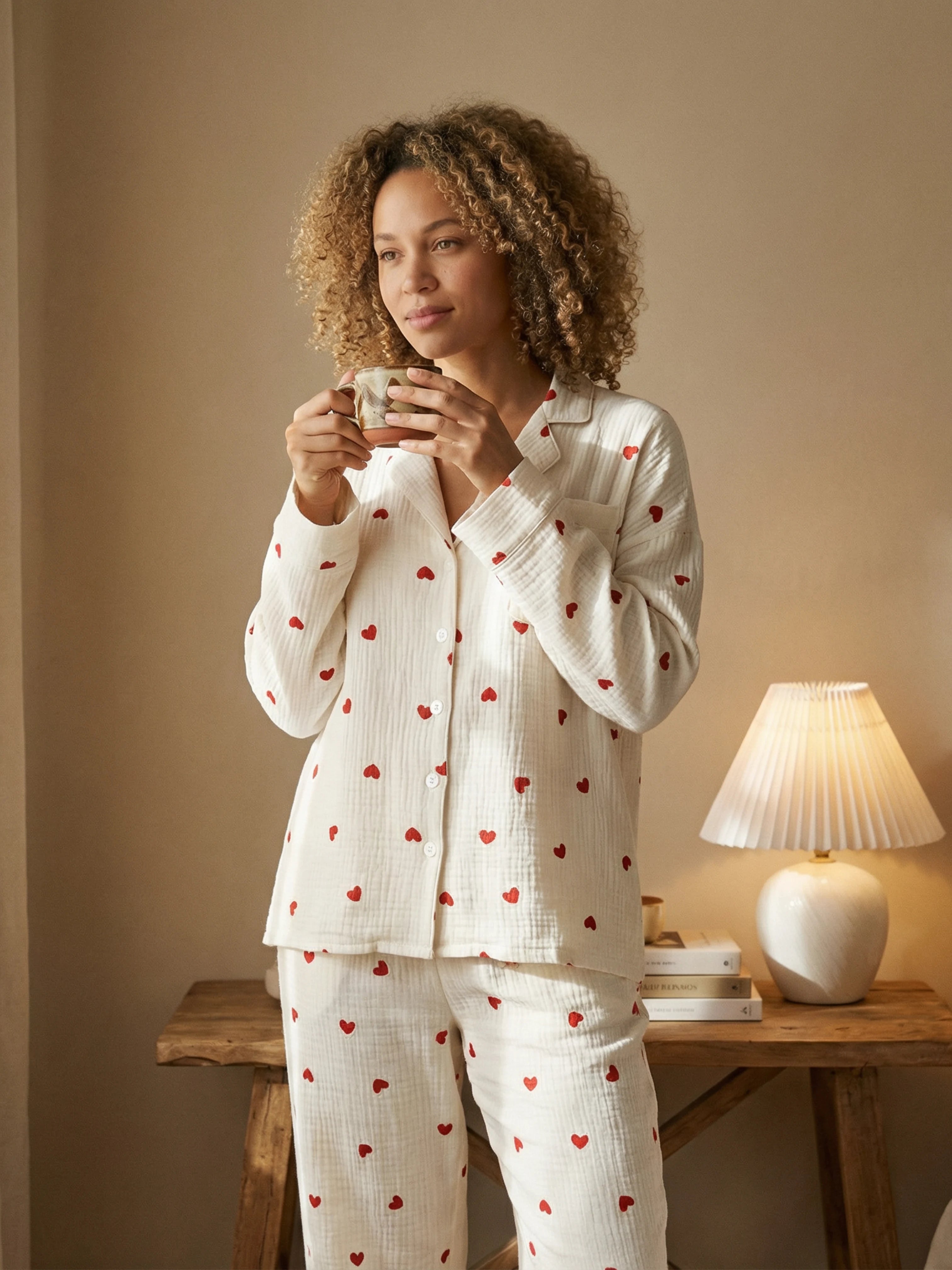 Soft & Delicate | Romantic Detail | Women's Pajamas in Cotton Gauze with Red Hearts
