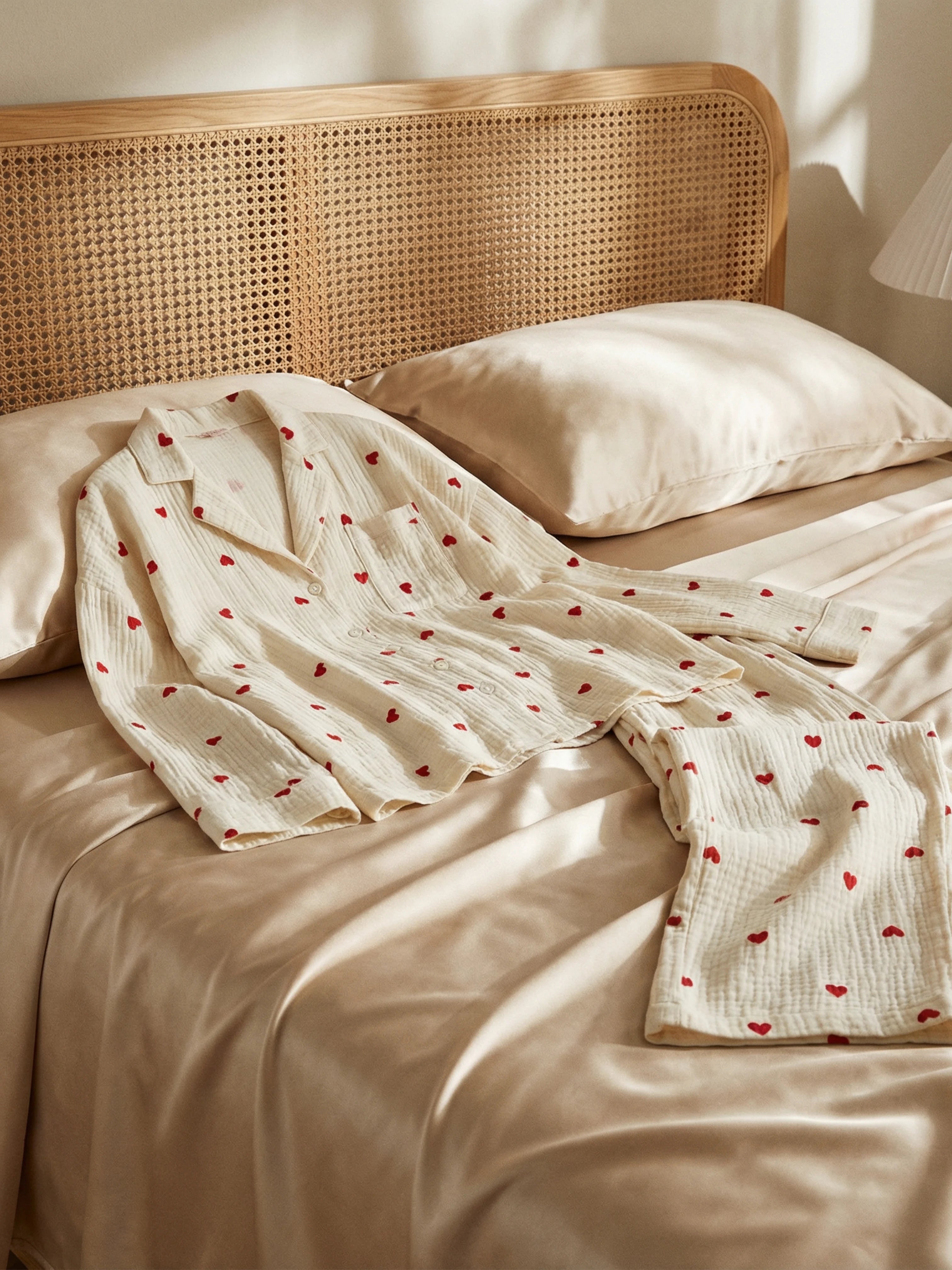 Soft & Delicate | Romantic Detail | Women's Pajamas in Cotton Gauze with Red Hearts