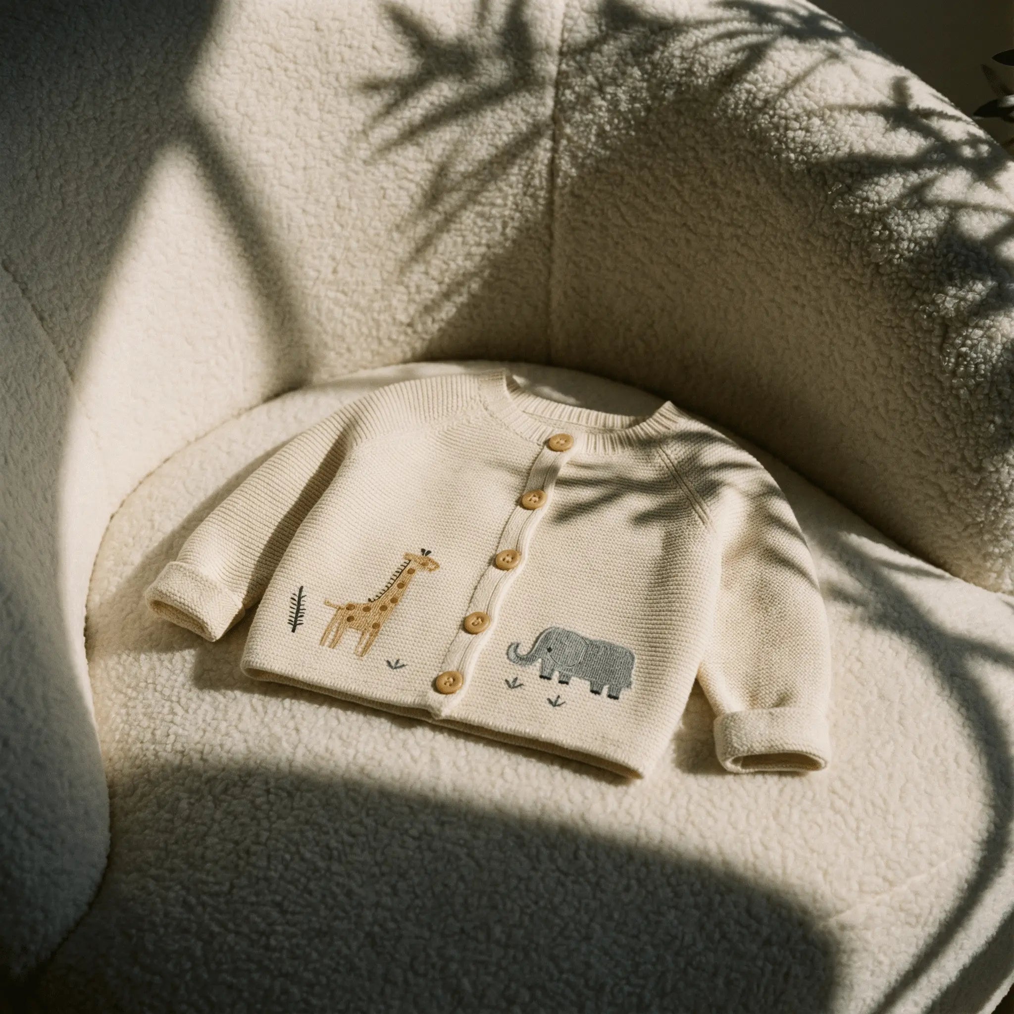 Baby knitted vest with embroidered animals – Giraffe and elephant