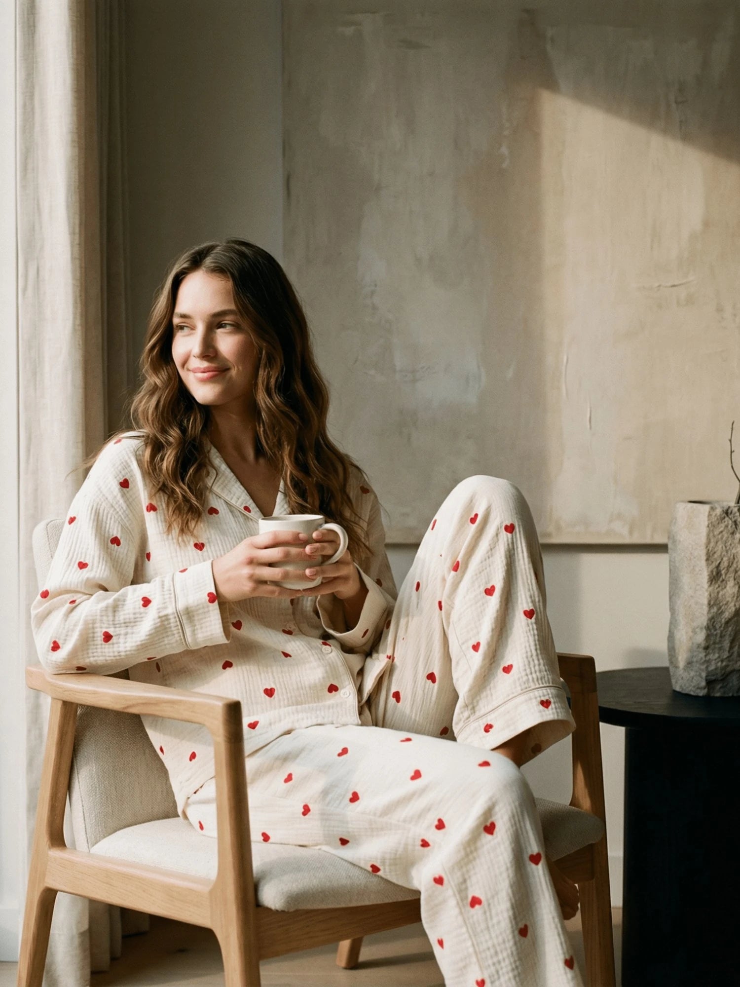 Soft &amp; Delicate | Romantic Detail | Women's Pajamas in Cotton Gauze with Red Hearts