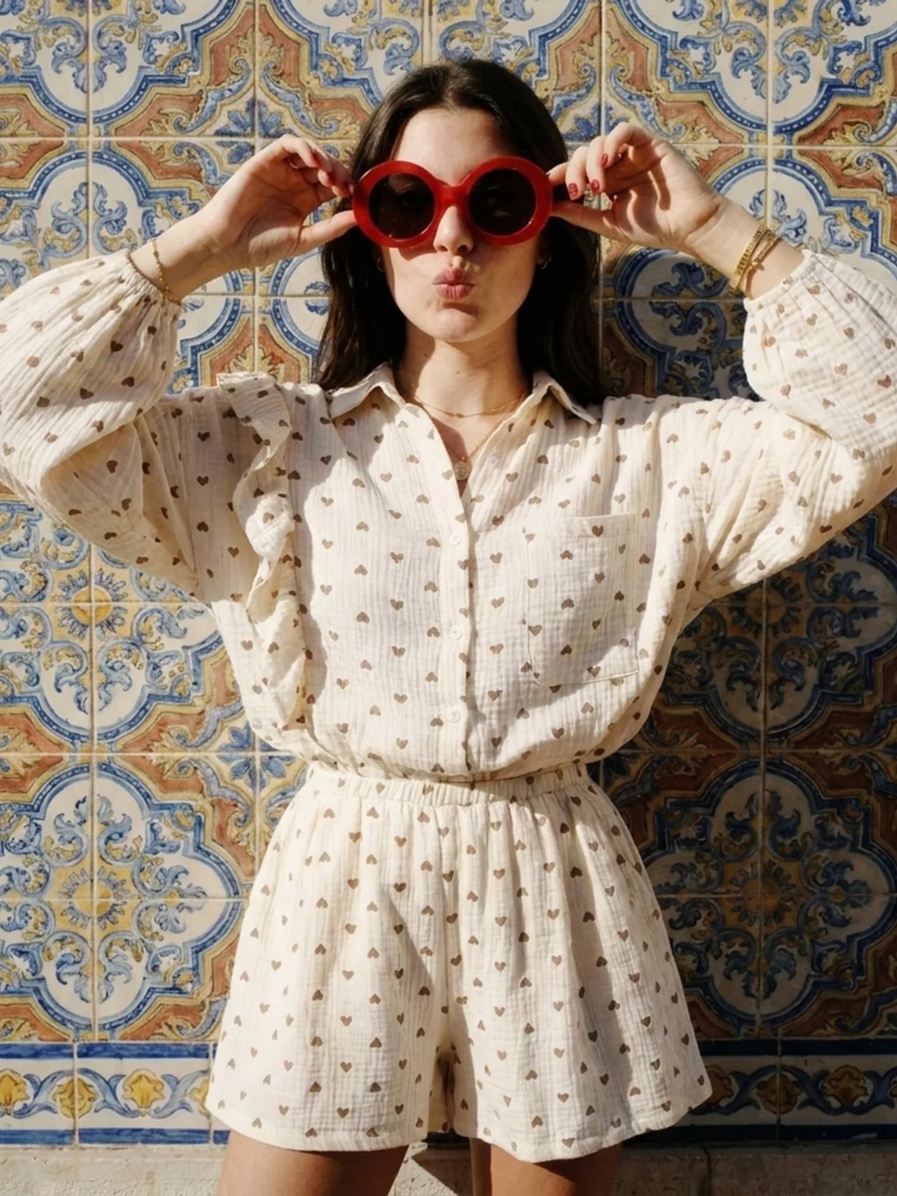 Le Pyjama Coton Gaufré Cœurs Dorés | Double Gaze Premium | Manches Volantées