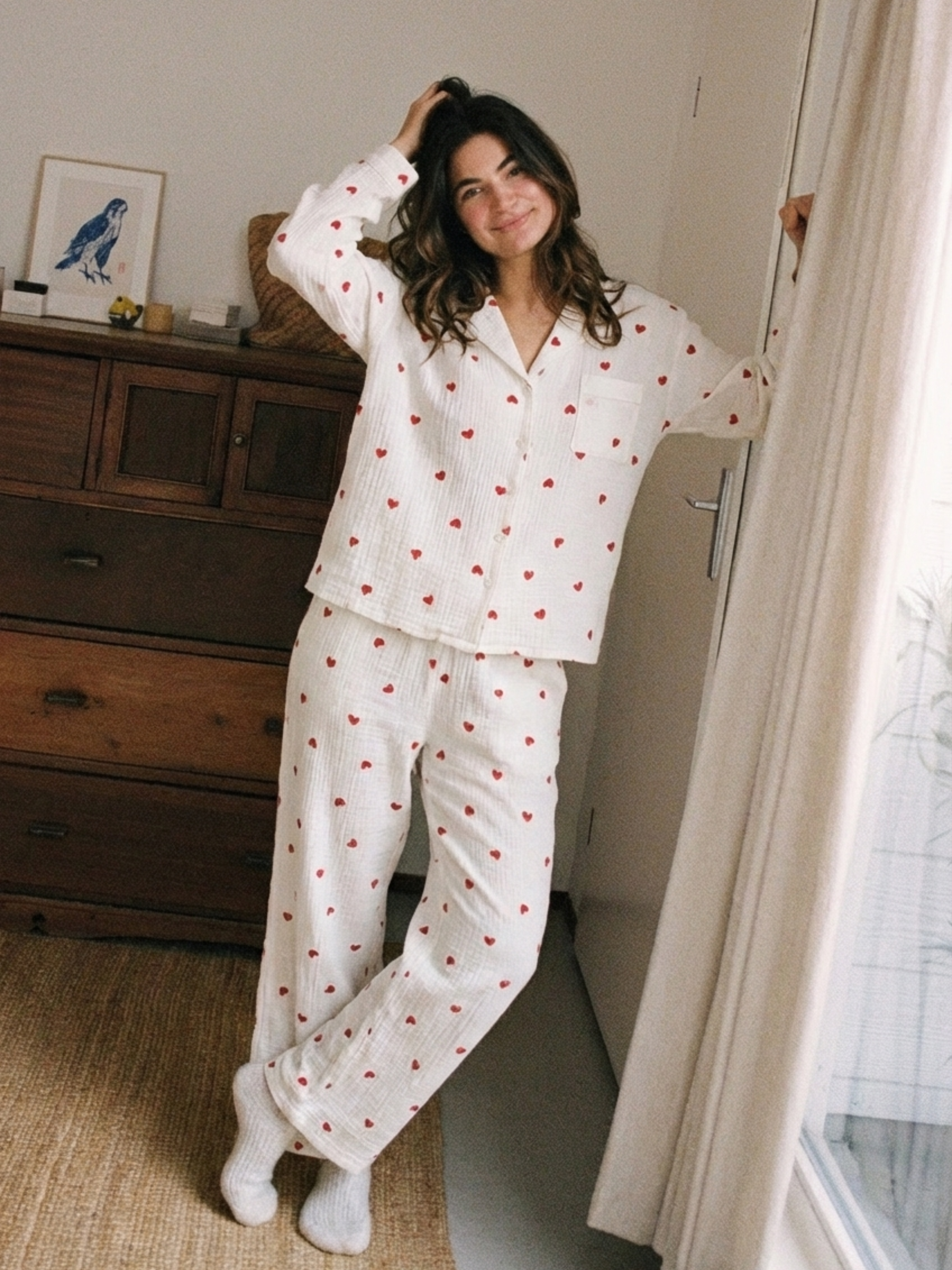 Pijama cu Inimioare Roșii - 100% Bumbac, Ușoară și Respirabilă