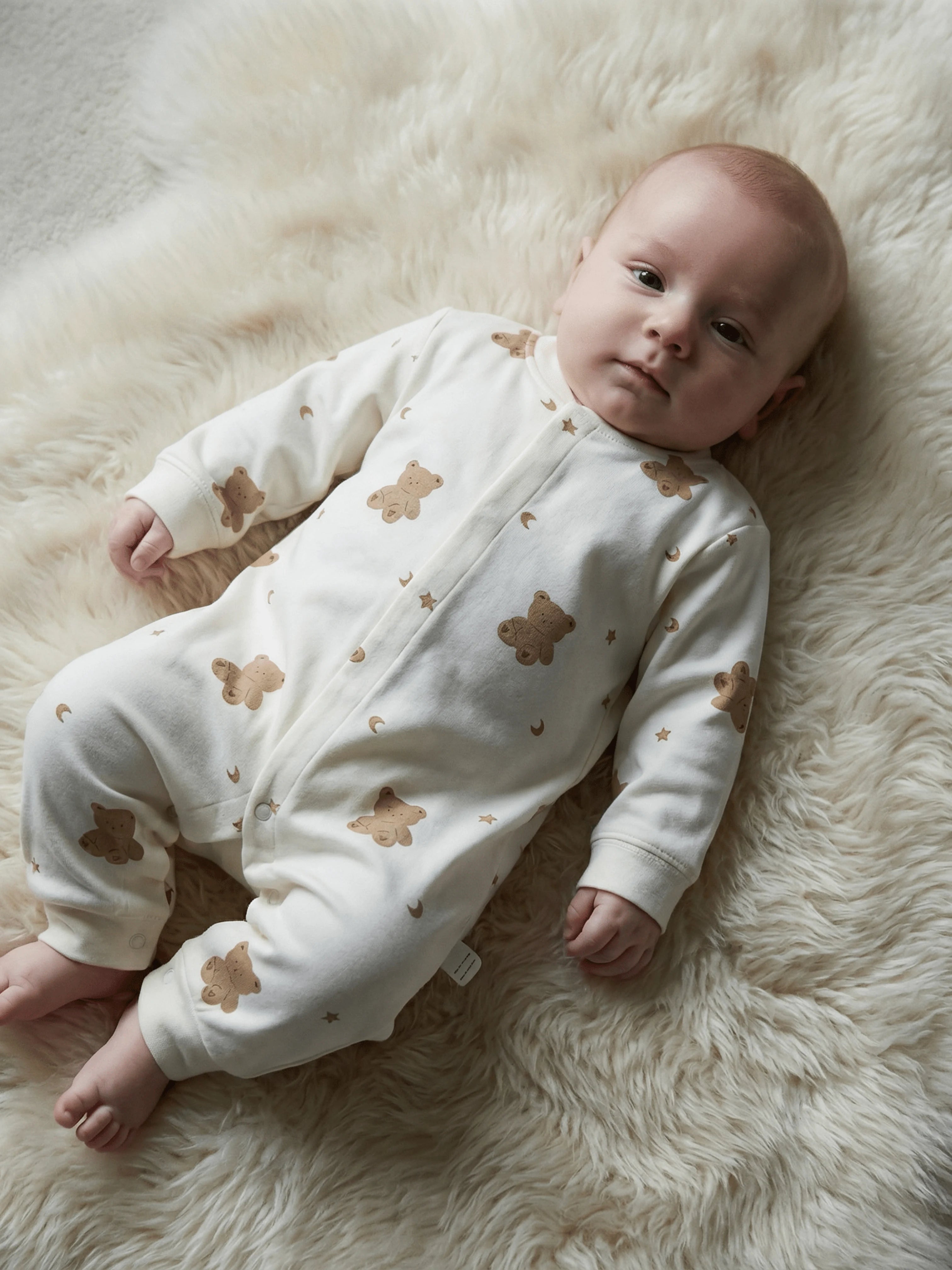 Soft Ecru &amp; Dreamy Patterns | One-Piece Pajamas with Bears &amp; Stars in Soft Cotton