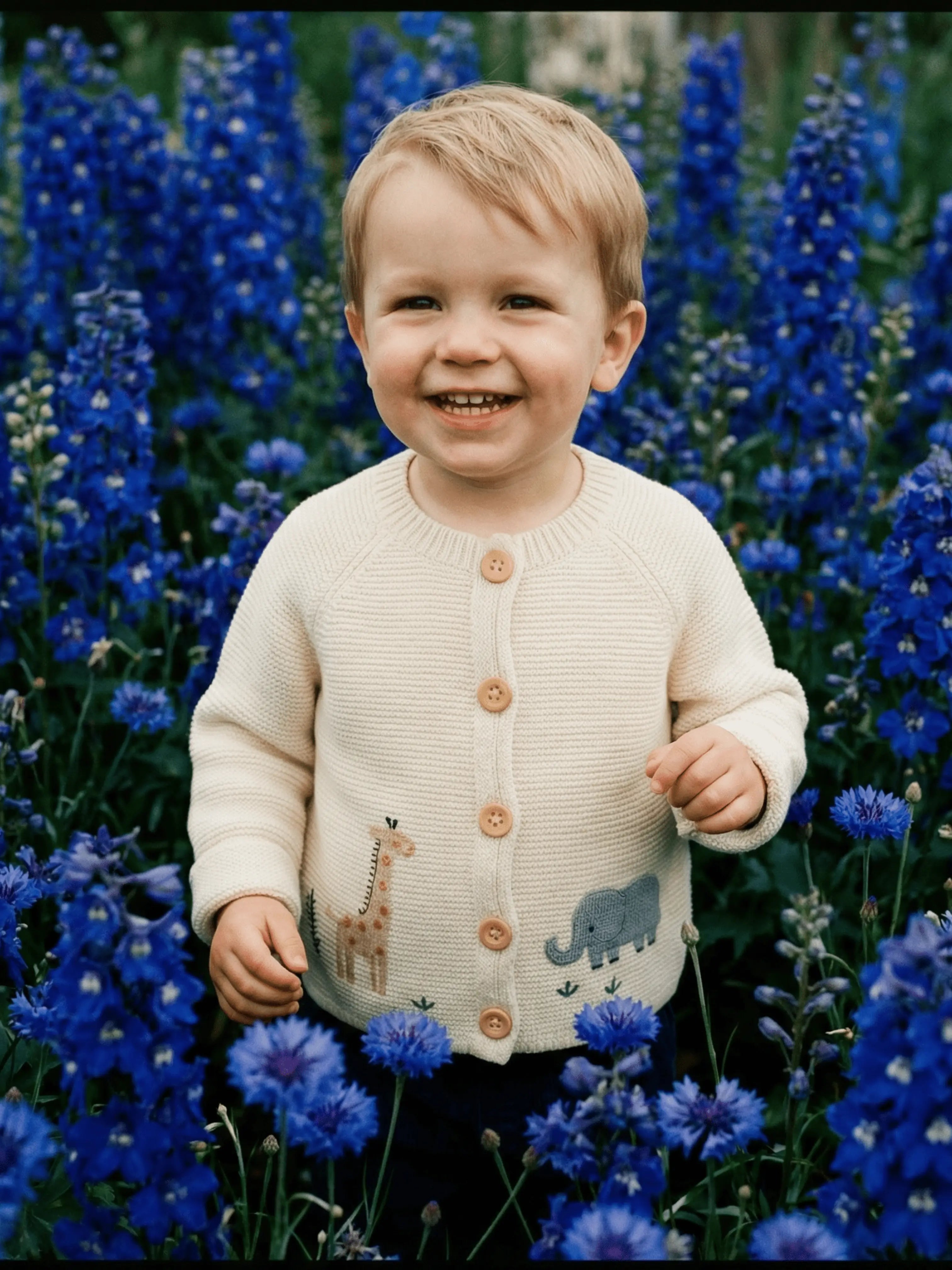 Baby knitted vest with embroidered animals – Giraffe and elephant
